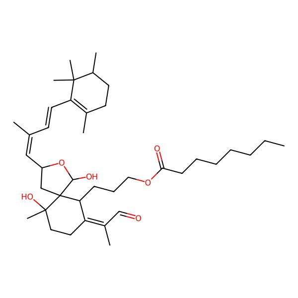 2D Structure of 3-[(1R,3R,5R,6S,9Z,10R)-1,6-dihydroxy-6-methyl-3-[(1E,3E)-2-methyl-4-[(5S)-2,5,6,6-tetramethylcyclohexen-1-yl]buta-1,3-dienyl]-9-(1-oxopropan-2-ylidene)-2-oxaspiro[4.5]decan-10-yl]propyl octanoate