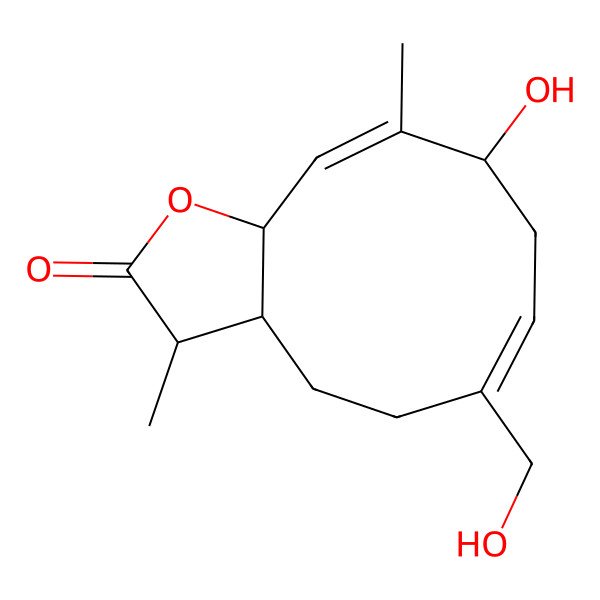 2D Structure of Cyclodeca[b]furan-2(3H)-one, 3a,4,5,8,9,11a-hexahydro-9-hydroxy-6-(hydroxymethyl)-3,10-dimethyl-, [3S-(3R*,3aR*,6Z,9R*,10E,11aR*)]-