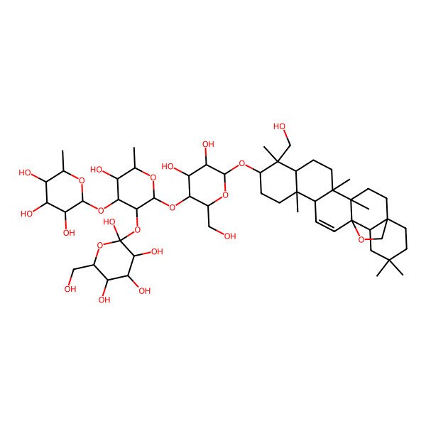 2D Structure of (2R,3R,4S,5S,6R)-2-[(2S,3R,4S,5S,6R)-2-[(2R,3S,4R,5R,6R)-4,5-dihydroxy-2-(hydroxymethyl)-6-[[(1S,4S,5R,8R,9R,10S,13S,14R,17S,18R)-9-(hydroxymethyl)-4,5,9,13,20,20-hexamethyl-24-oxahexacyclo[15.5.2.01,18.04,17.05,14.08,13]tetracos-15-en-10-yl]oxy]oxan-3-yl]oxy-5-hydroxy-6-methyl-4-[(2S,3R,4R,5R,6S)-3,4,5-trihydroxy-6-methyloxan-2-yl]oxyoxan-3-yl]oxy-6-(hydroxymethyl)oxane-2,3,4,5-tetrol