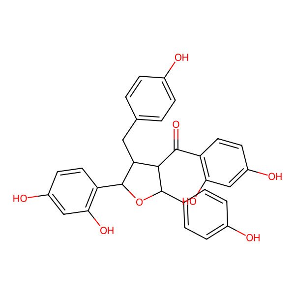 2D Structure of (2,4-dihydroxyphenyl)-[(2S,3R,4S,5R)-5-(2,4-dihydroxyphenyl)-2-(4-hydroxyphenyl)-4-[(4-hydroxyphenyl)methyl]oxolan-3-yl]methanone