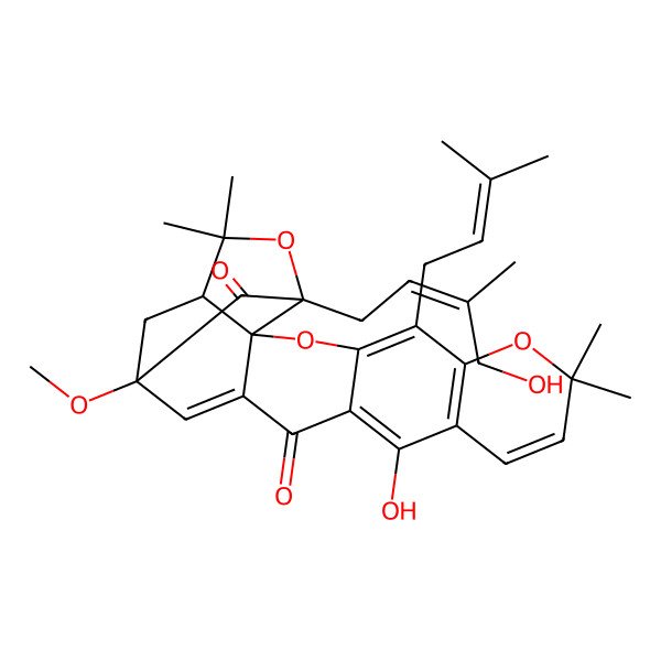 2D Structure of (1S,2S,17S,19R)-12-hydroxy-19-(4-hydroxy-3-methylbut-2-enyl)-17-methoxy-8,8,21,21-tetramethyl-5-(3-methylbut-2-enyl)-3,7,20-trioxahexacyclo[15.4.1.02,15.02,19.04,13.06,11]docosa-4(13),5,9,11,15-pentaene-14,18-dione