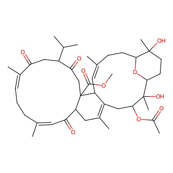 2D Structure of methyl (1R,2S,3S,8S,10E,14Z,18S,21S,22S,23E,27S,28R)-3-acetyloxy-2,28-dihydroxy-2,6,11,15,24,28-hexamethyl-9,16,19-trioxo-18-propan-2-yl-31-oxatetracyclo[25.3.1.05,22.08,21]hentriaconta-5,10,14,23-tetraene-21-carboxylate