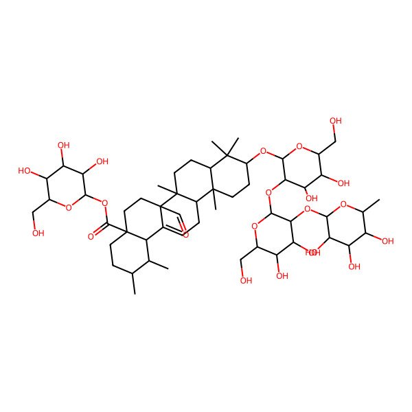 2D Structure of [(2S,3R,4S,5S,6R)-3,4,5-trihydroxy-6-(hydroxymethyl)oxan-2-yl] (1S,2R,4aS,6aR,6aR,6bR,8aR,10S,12aR,14bS)-10-[(2R,3R,4S,5S,6R)-3-[(2S,3R,4S,5S,6R)-4,5-dihydroxy-6-(hydroxymethyl)-3-[(2S,3R,4R,5R,6S)-3,4,5-trihydroxy-6-methyloxan-2-yl]oxyoxan-2-yl]oxy-4,5-dihydroxy-6-(hydroxymethyl)oxan-2-yl]oxy-6a-formyl-1,2,6b,9,9,12a-hexamethyl-2,3,4,5,6,6a,7,8,8a,10,11,12,13,14b-tetradecahydro-1H-picene-4a-carboxylate