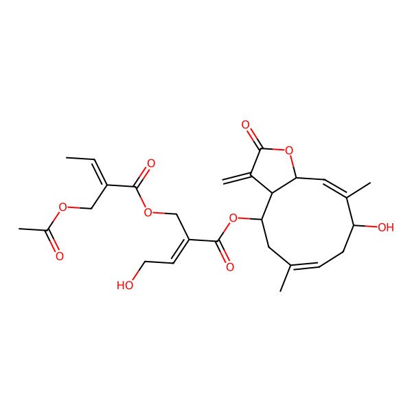 2D Structure of (9-Hydroxy-6,10-dimethyl-3-methylidene-2-oxo-3a,4,5,8,9,11a-hexahydrocyclodeca[b]furan-4-yl) 2-[2-(acetyloxymethyl)but-2-enoyloxymethyl]-4-hydroxybut-2-enoate