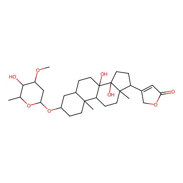 2D Structure of 3-[8,14-dihydroxy-3-(5-hydroxy-4-methoxy-6-methyloxan-2-yl)oxy-10,13-dimethyl-2,3,4,5,6,7,9,11,12,15,16,17-dodecahydro-1H-cyclopenta[a]phenanthren-17-yl]-2H-furan-5-one