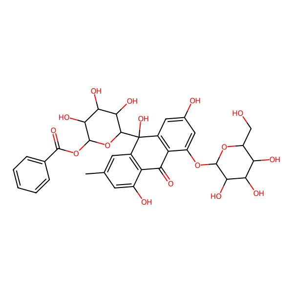 2D Structure of [(6R)-3,4,5-trihydroxy-6-[(9S)-2,5,9-trihydroxy-7-methyl-10-oxo-4-[(2S,3R,4S,5S,6R)-3,4,5-trihydroxy-6-(hydroxymethyl)oxan-2-yl]oxyanthracen-9-yl]oxan-2-yl] benzoate