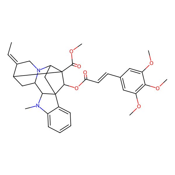 2D Structure of Methyl 13-ethylidene-8-methyl-18-[3-(3,4,5-trimethoxyphenyl)prop-2-enoyloxy]-8,15-diazahexacyclo[14.2.1.01,9.02,7.010,15.012,17]nonadeca-2,4,6-triene-17-carboxylate
