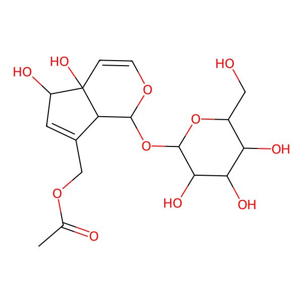2D Structure of [(1S,4aS,5R,7aS)-4a,5-dihydroxy-1-[(2R,3S,4R,5R,6S)-3,4,5-trihydroxy-6-(hydroxymethyl)oxan-2-yl]oxy-5,7a-dihydro-1H-cyclopenta[c]pyran-7-yl]methyl acetate