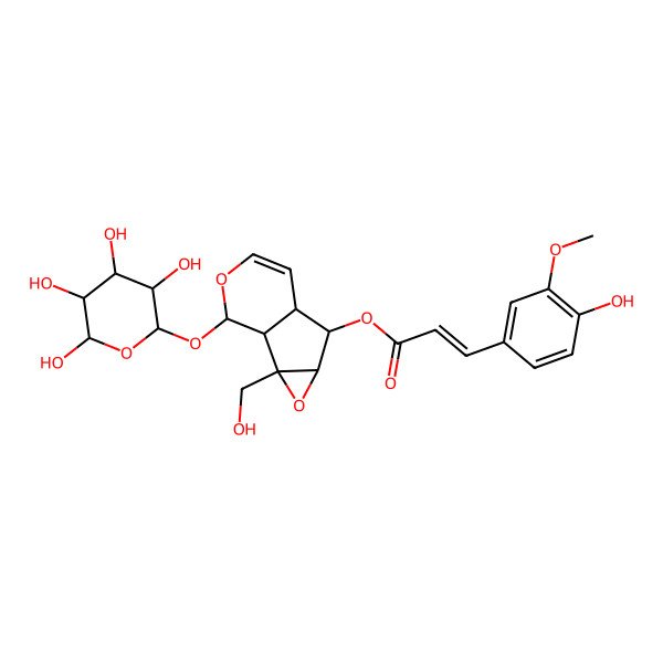 2D Structure of [(1S,2S,4S,5S,6R,10S)-2-(hydroxymethyl)-10-[(2S,3S,5R)-3,4,5,6-tetrahydroxyoxan-2-yl]oxy-3,9-dioxatricyclo[4.4.0.02,4]dec-7-en-5-yl] (E)-3-(4-hydroxy-3-methoxyphenyl)prop-2-enoate
