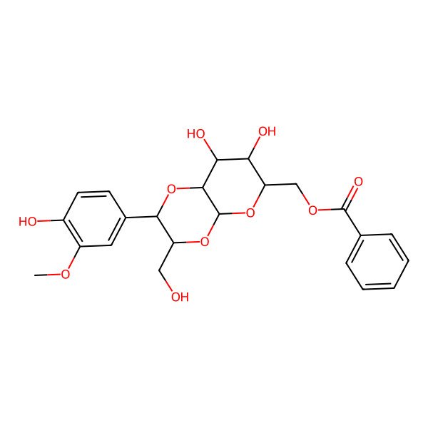 2D Structure of [(2S,3S,4aS,6S,7S,8S,8aR)-7,8-dihydroxy-2-(4-hydroxy-3-methoxyphenyl)-3-(hydroxymethyl)-3,4a,6,7,8,8a-hexahydro-2H-pyrano[2,3-b][1,4]dioxin-6-yl]methyl benzoate