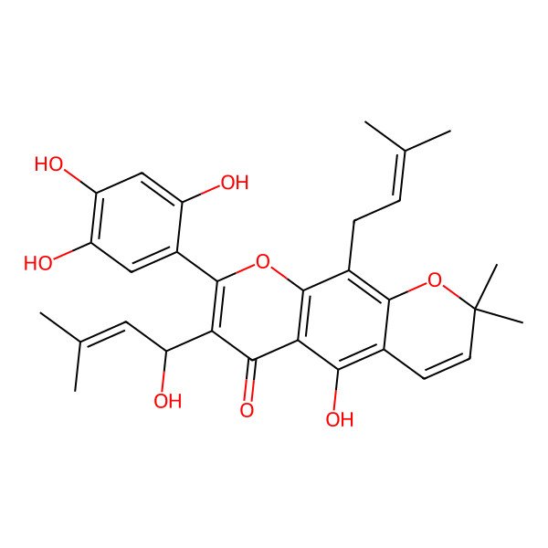 2D Structure of 5-hydroxy-7-[(1S)-1-hydroxy-3-methylbut-2-enyl]-2,2-dimethyl-10-(3-methylbut-2-enyl)-8-(2,4,5-trihydroxyphenyl)pyrano[3,2-g]chromen-6-one