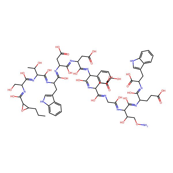 2D Structure of (4S)-4-[[(2R)-4-aminooxy-2-[[2-[[(2S)-3-carboxy-2-[[(2R)-2-[[(2S)-3-carboxy-2-[[(2S)-3-carboxy-2-[[(2S)-2-[[(2S,3R)-2-[[(2S)-1,3-dihydroxy-2-[[hydroxy-(3-propyloxiran-2-yl)methylidene]amino]propylidene]amino]-1,3-dihydroxybutylidene]amino]-1-hydroxy-3-(1H-indol-3-yl)propylidene]amino]-1-hydroxypropylidene]amino]-1-hydroxypropylidene]amino]-1-hydroxy-2-(4-hydroxyphenyl)ethylidene]amino]-1-hydroxypropylidene]amino]-1-hydroxyethylidene]amino]-1,3-dihydroxybutylidene]amino]-5-[(1S)-1-carboxy-2-(1H-indol-3-yl)ethyl]imino-5-hydroxypentanoic acid