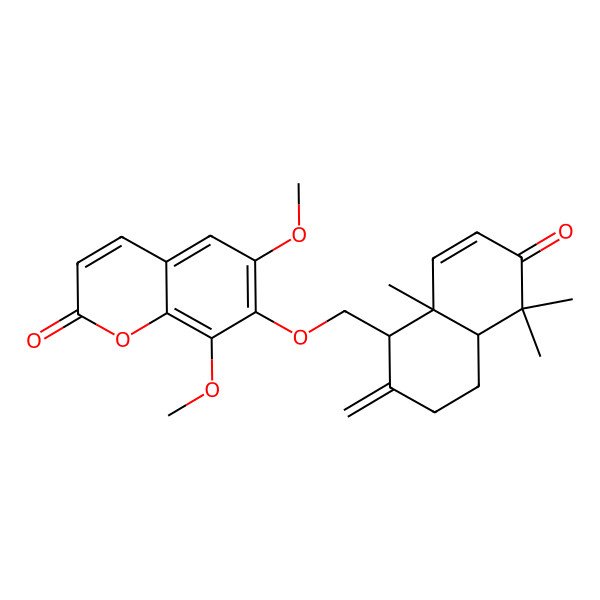 2D Structure of 7-[[(1S,4aS,8aR)-5,5,8a-trimethyl-2-methylidene-6-oxo-1,3,4,4a-tetrahydronaphthalen-1-yl]methoxy]-6,8-dimethoxychromen-2-one