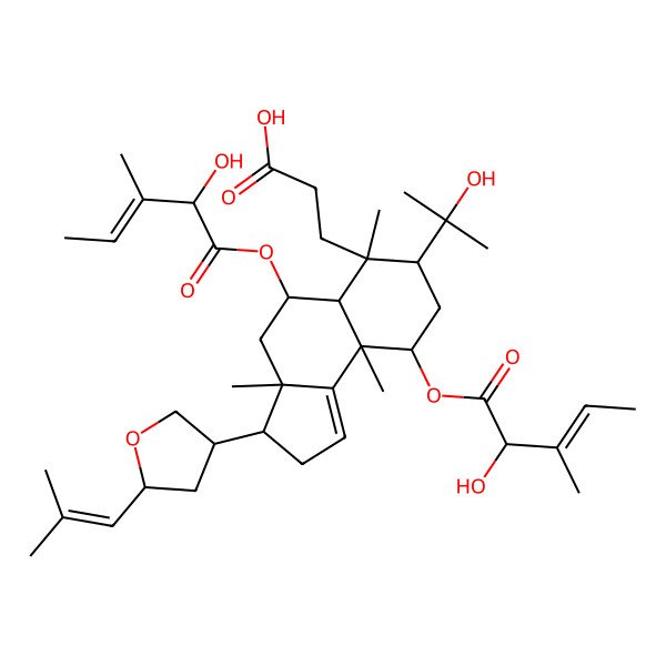 2D Structure of 3-[(3S,3aS,5R,5aR,6R,7R,9R,9aR)-5,9-bis[[(E,2R)-2-hydroxy-3-methylpent-3-enoyl]oxy]-7-(2-hydroxypropan-2-yl)-3a,6,9a-trimethyl-3-[(3S,5S)-5-(2-methylprop-1-enyl)oxolan-3-yl]-2,3,4,5,5a,7,8,9-octahydrocyclopenta[a]naphthalen-6-yl]propanoic acid