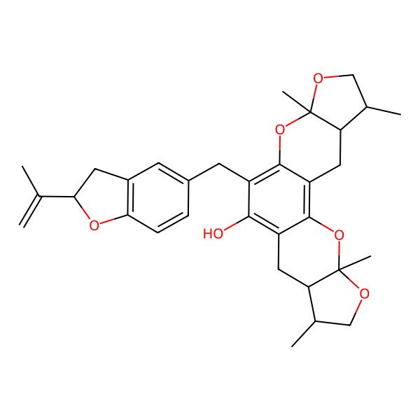 2D Structure of (4R,7R,8R,15R,18R,19R)-4,7,15,18-tetramethyl-12-[[(2S)-2-prop-1-en-2-yl-2,3-dihydro-1-benzofuran-5-yl]methyl]-3,5,14,16-tetraoxapentacyclo[11.7.0.02,10.04,8.015,19]icosa-1,10,12-trien-11-ol