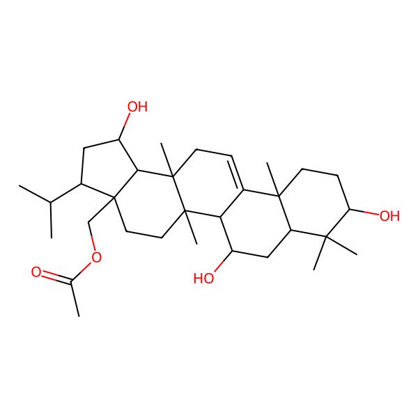 2D Structure of (1,6,9-Trihydroxy-5a,8,8,11a,13a-pentamethyl-3-propan-2-yl-1,2,3,4,5,5b,6,7,7a,9,10,11,13,13b-tetradecahydrocyclopenta[a]chrysen-3a-yl)methyl acetate