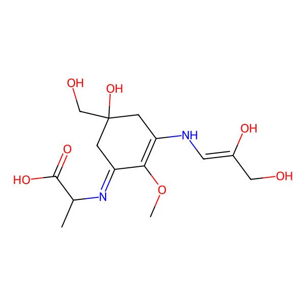 2D Structure of 2-[[3-(2,3-Dihydroxyprop-1-enylamino)-5-hydroxy-5-(hydroxymethyl)-2-methoxycyclohex-2-en-1-ylidene]amino]propanoic acid