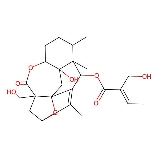 2D Structure of [13-Hydroxy-5-(hydroxymethyl)-2,11,12-trimethyl-6-oxo-7,17-dioxapentacyclo[10.3.1.13,15.05,15.08,13]heptadec-1-en-16-yl] 2-(hydroxymethyl)but-2-enoate
