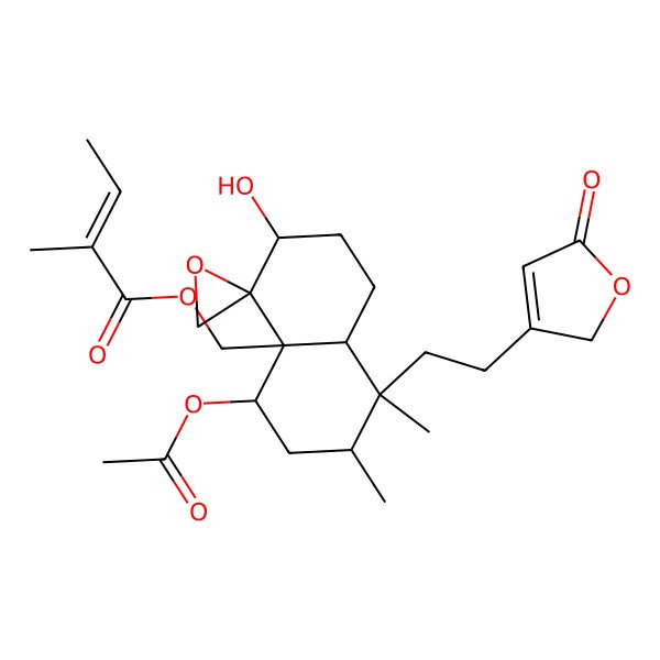 2D Structure of [5-acetyloxy-3-hydroxy-7,8-dimethyl-8-[2-(5-oxo-2H-furan-3-yl)ethyl]spiro[2,3,5,6,7,8a-hexahydro-1H-naphthalene-4,2'-oxirane]-4a-yl]methyl 2-methylbut-2-enoate