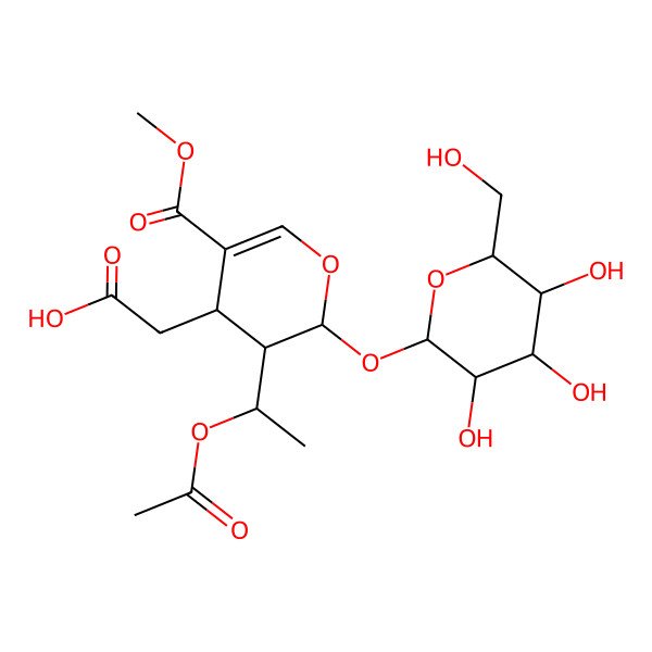 2D Structure of 2-[(2S,3S,4S)-3-[(1R)-1-acetyloxyethyl]-5-methoxycarbonyl-2-[(2S,3R,4S,5S,6R)-3,4,5-trihydroxy-6-(hydroxymethyl)oxan-2-yl]oxy-3,4-dihydro-2H-pyran-4-yl]acetic acid