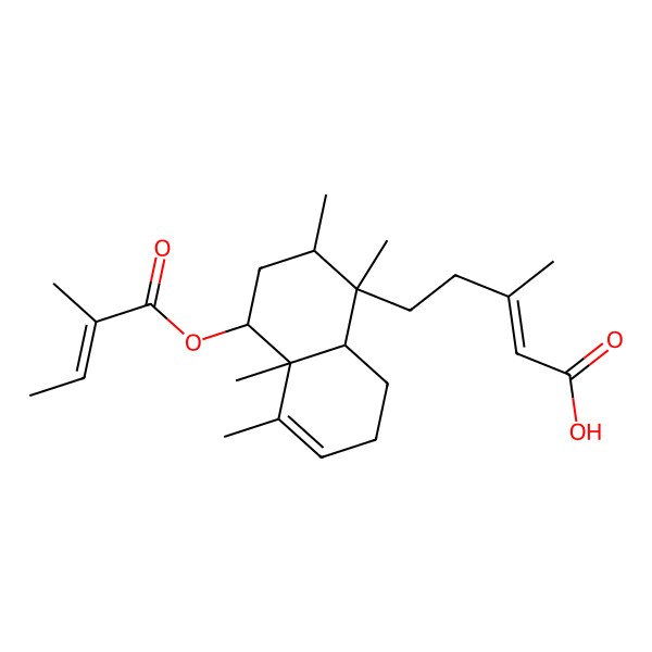 2D Structure of (E)-5-[(1S,2R,4R,4aR,8aR)-1,2,4a,5-tetramethyl-4-[(E)-2-methylbut-2-enoyl]oxy-2,3,4,7,8,8a-hexahydronaphthalen-1-yl]-3-methylpent-2-enoic acid