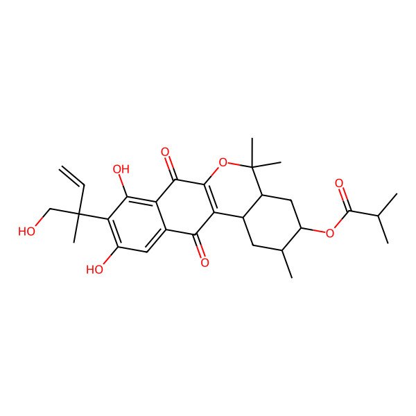 2D Structure of [(2R,3R,4aR,12bS)-8,10-dihydroxy-9-[(2R)-1-hydroxy-2-methylbut-3-en-2-yl]-2,5,5-trimethyl-7,12-dioxo-1,2,3,4,4a,12b-hexahydronaphtho[2,3-c]isochromen-3-yl] 2-methylpropanoate