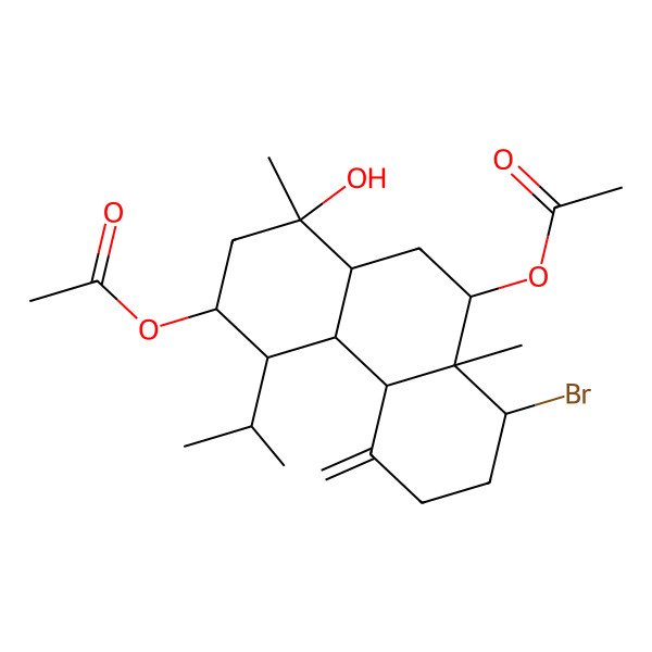 2D Structure of (3-acetyloxy-8-bromo-1-hydroxy-1,8a-dimethyl-5-methylidene-4-propan-2-yl-3,4,4a,4b,6,7,8,9,10,10a-decahydro-2H-phenanthren-9-yl) acetate