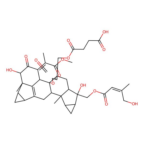 2D Structure of 4-[[(1R,2S,8R,9S,10S,12R,13S,14S,17S,19R,20S,21R,23E)-9,21-dihydroxy-9-[[(E)-4-hydroxy-3-methylbut-2-enoyl]oxymethyl]-23-(1-methoxy-1-oxopropan-2-ylidene)-13,20-dimethyl-4,22-dioxo-3-oxaoctacyclo[14.7.1.02,6.02,14.08,13.010,12.017,19.020,24]tetracosa-5,16(24)-dien-5-yl]methoxy]-4-oxobutanoic acid