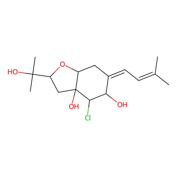 2D Structure of 4-Chloro-2-(2-hydroxypropan-2-yl)-6-(3-methylbut-2-enylidene)-2,3,4,5,7,7a-hexahydro-1-benzofuran-3a,5-diol