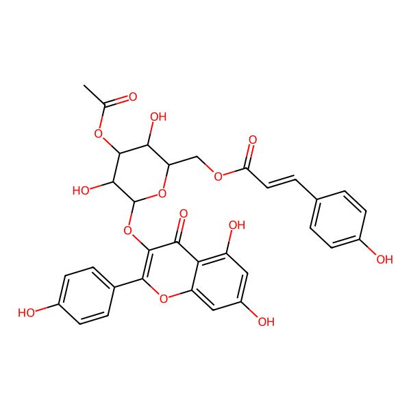 2D Structure of [(2R,3R,4S,5R,6S)-4-acetyloxy-6-[5,7-dihydroxy-2-(4-hydroxyphenyl)-4-oxochromen-3-yl]oxy-3,5-dihydroxyoxan-2-yl]methyl (E)-3-(4-hydroxyphenyl)prop-2-enoate