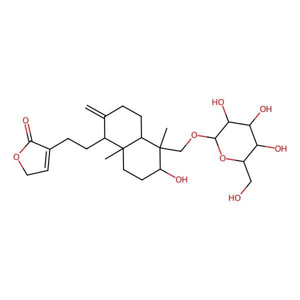 2D Structure of 4-[2-[(1R,4aS,5R,6R,8aS)-6-hydroxy-5,8a-dimethyl-2-methylidene-5-[[(2S,3R,4S,5S,6R)-3,4,5-trihydroxy-6-(hydroxymethyl)oxan-2-yl]oxymethyl]-3,4,4a,6,7,8-hexahydro-1H-naphthalen-1-yl]ethyl]-2H-furan-5-one