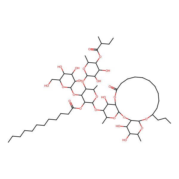 2D Structure of [(2S,3R,4R,5S,6S)-5-[(2S,3R,4S,5R,6S)-3,4-dihydroxy-6-methyl-5-[(2S)-2-methylbutanoyl]oxyoxan-2-yl]oxy-6-methyl-2-[[(1R,3S,5S,6R,7R,8R,20S,22R,24R,25R,26S)-7,25,26-trihydroxy-5,24-dimethyl-10-oxo-20-propyl-2,4,9,21,23-pentaoxatricyclo[20.4.0.03,8]hexacosan-6-yl]oxy]-4-[(2S,3R,4S,5S,6R)-3,4,5-trihydroxy-6-(hydroxymethyl)oxan-2-yl]oxyoxan-3-yl] dodecanoate