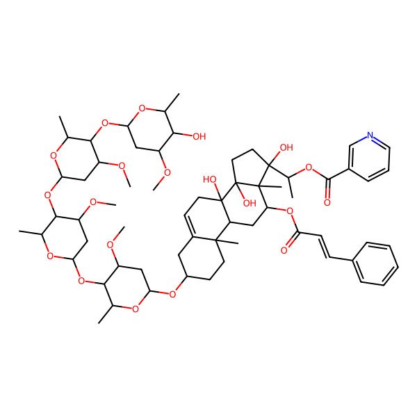 2D Structure of [(1S)-1-[(3S,8S,9R,10R,12R,13R,14R,17S)-8,14,17-trihydroxy-3-[(2R,4S,5R,6R)-5-[(2S,4S,5R,6R)-5-[(2S,4R,5R,6R)-5-[(2S,4R,5R,6R)-5-hydroxy-4-methoxy-6-methyloxan-2-yl]oxy-4-methoxy-6-methyloxan-2-yl]oxy-4-methoxy-6-methyloxan-2-yl]oxy-4-methoxy-6-methyloxan-2-yl]oxy-10,13-dimethyl-12-[(E)-3-phenylprop-2-enoyl]oxy-1,2,3,4,7,9,11,12,15,16-decahydrocyclopenta[a]phenanthren-17-yl]ethyl] pyridine-3-carboxylate