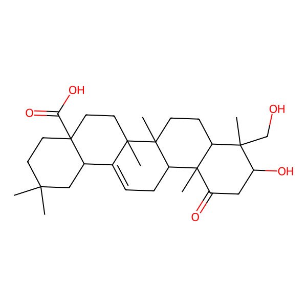 2D Structure of 10-hydroxy-9-(hydroxymethyl)-2,2,6a,6b,9,12a-hexamethyl-12-oxo-3,4,5,6,6a,7,8,8a,10,11,13,14b-dodecahydro-1H-picene-4a-carboxylic acid
