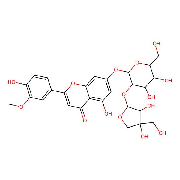 2D Structure of 7-[(2S,3R,4S,5S,6R)-3-[(2S,3S,4R)-3,4-dihydroxy-4-(hydroxymethyl)oxolan-2-yl]oxy-4,5-dihydroxy-6-(hydroxymethyl)oxan-2-yl]oxy-5-hydroxy-2-(4-hydroxy-3-methoxyphenyl)chromen-4-one