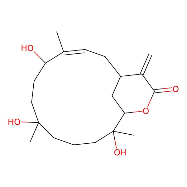 2D Structure of (1R,3Z,5S,8R,12S,13S)-5,8,12-trihydroxy-4,8,12-trimethyl-16-methylidene-14-oxabicyclo[11.3.1]heptadec-3-en-15-one