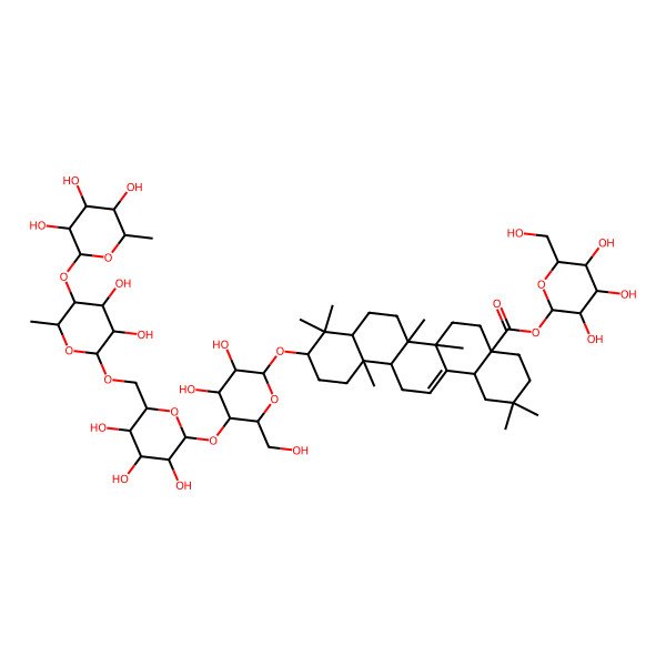 2D Structure of [3,4,5-Trihydroxy-6-(hydroxymethyl)oxan-2-yl] 10-[5-[6-[[3,4-dihydroxy-6-methyl-5-(3,4,5-trihydroxy-6-methyloxan-2-yl)oxyoxan-2-yl]oxymethyl]-3,4,5-trihydroxyoxan-2-yl]oxy-3,4-dihydroxy-6-(hydroxymethyl)oxan-2-yl]oxy-2,2,6a,6b,9,9,12a-heptamethyl-1,3,4,5,6,6a,7,8,8a,10,11,12,13,14b-tetradecahydropicene-4a-carboxylate