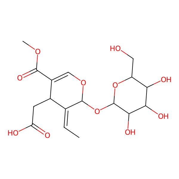 2D Structure of 2-[(2R,3E,4R)-3-ethylidene-5-methoxycarbonyl-2-[(2S,3R,4S,5S,6R)-3,4,5-trihydroxy-6-(hydroxymethyl)oxan-2-yl]oxy-4H-pyran-4-yl]acetic acid