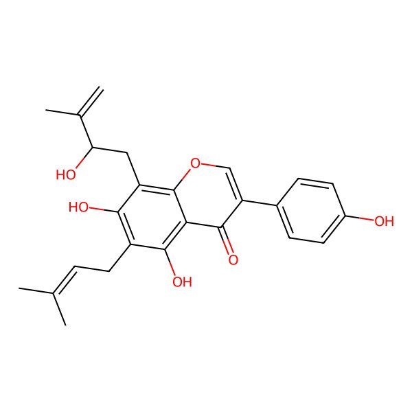 2D Structure of 5,7-dihydroxy-8-[(2S)-2-hydroxy-3-methylbut-3-enyl]-3-(4-hydroxyphenyl)-6-(3-methylbut-2-enyl)chromen-4-one
