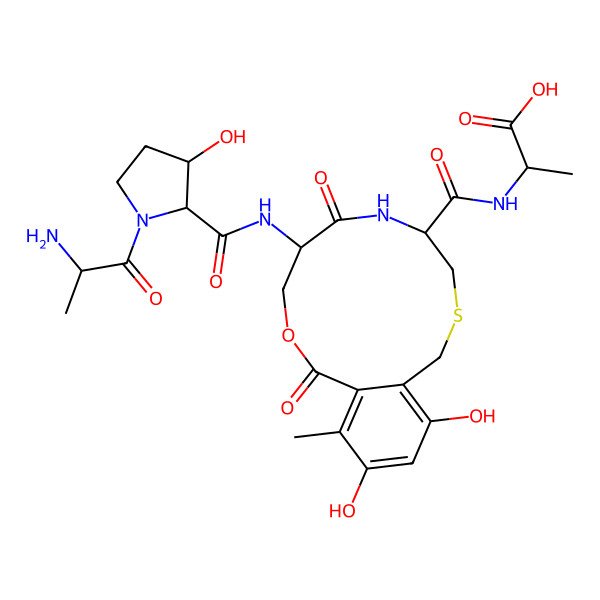 2D Structure of (2S)-2-[[(5S,8S)-8-[[(2S,3R)-1-[(2S)-2-aminopropanoyl]-3-hydroxypyrrolidine-2-carbonyl]amino]-14,16-dihydroxy-13-methyl-7,11-dioxo-10-oxa-3-thia-6-azabicyclo[10.4.0]hexadeca-1(16),12,14-triene-5-carbonyl]amino]propanoic acid