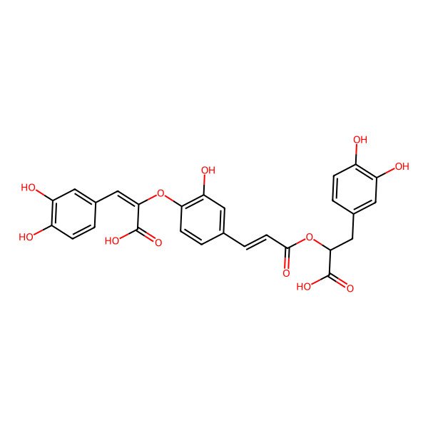 2D Structure of (2R)-2-[(E)-3-[4-[(Z)-1-carboxy-2-(3,4-dihydroxyphenyl)ethenoxy]-3-hydroxyphenyl]prop-2-enoyl]oxy-3-(3,4-dihydroxyphenyl)propanoic acid