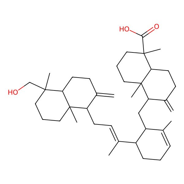 2D Structure of (1R,4aR,5S,8aR)-5-[[(1S,6S)-6-[(E)-4-[(1S,4aR,5R,8aR)-5-(hydroxymethyl)-5,8a-dimethyl-2-methylidene-3,4,4a,6,7,8-hexahydro-1H-naphthalen-1-yl]but-2-en-2-yl]-2-methylcyclohex-2-en-1-yl]methyl]-1,4a-dimethyl-6-methylidene-3,4,5,7,8,8a-hexahydro-2H-naphthalene-1-carboxylic acid