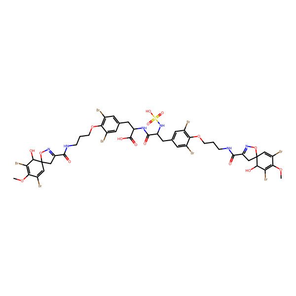 2D Structure of 3-[3,5-dibromo-4-[3-[[(5R,6S)-7,9-dibromo-6-hydroxy-8-methoxy-1-oxa-2-azaspiro[4.5]deca-2,7,9-triene-3-carbonyl]amino]propoxy]phenyl]-2-[[3-[3,5-dibromo-4-[3-[[(5R,6S)-7,9-dibromo-6-hydroxy-8-methoxy-1-oxa-2-azaspiro[4.5]deca-2,7,9-triene-3-carbonyl]amino]propoxy]phenyl]-2-(sulfoamino)propanoyl]amino]propanoic acid