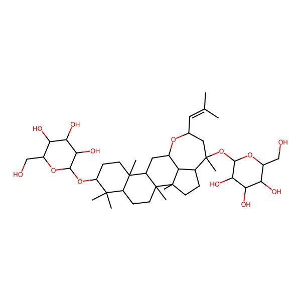 2D Structure of (2R,3R,4S,5S,6R)-2-[[(1R,2R,5R,7S,10R,11R,13R,15R,17S,18S,21R)-1,2,6,6,10,17-hexamethyl-15-(2-methylprop-1-enyl)-17-[(2S,3R,4S,5S,6R)-3,4,5-trihydroxy-6-(hydroxymethyl)oxan-2-yl]oxy-14-oxapentacyclo[11.7.1.02,11.05,10.018,21]henicosan-7-yl]oxy]-6-(hydroxymethyl)oxane-3,4,5-triol