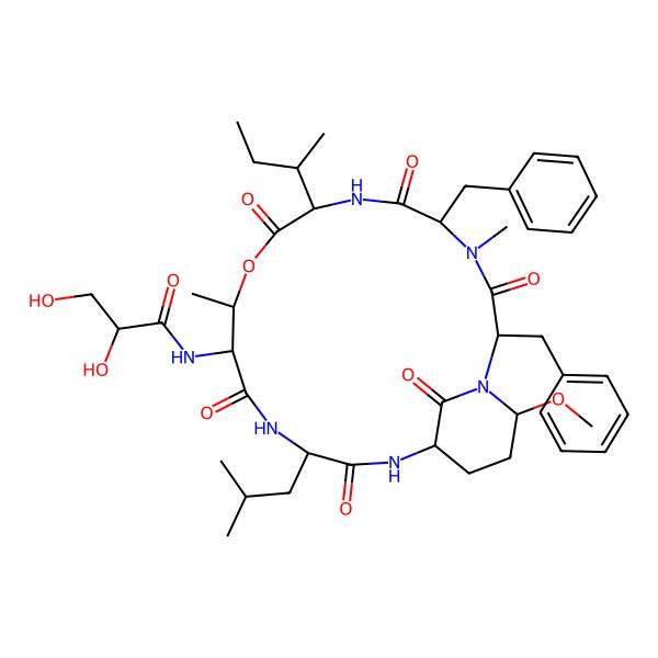 2D Structure of N-[2,5-dibenzyl-8-butan-2-yl-21-methoxy-4,11-dimethyl-15-(2-methylpropyl)-3,6,9,13,16,22-hexaoxo-10-oxa-1,4,7,14,17-pentazabicyclo[16.3.1]docosan-12-yl]-2,3-dihydroxypropanamide