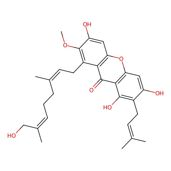 2D Structure of 1,3,6-trihydroxy-8-[(2E,6Z)-8-hydroxy-3,7-dimethylocta-2,6-dienyl]-7-methoxy-2-(3-methylbut-2-enyl)xanthen-9-one