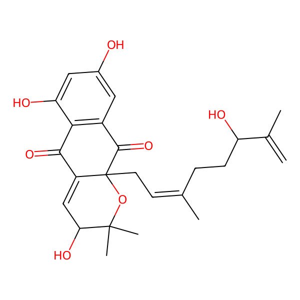 2D Structure of (3R,10aS)-3,6,8-trihydroxy-10a-[(2E)-6-hydroxy-3,7-dimethylocta-2,7-dienyl]-2,2-dimethyl-3H-benzo[g]chromene-5,10-dione