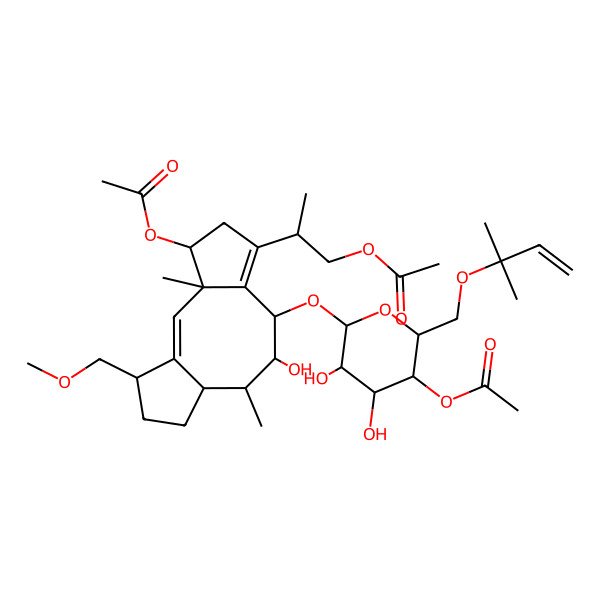 2D Structure of [(2S)-2-[(3R,4S,8R,9R,10R,11S,14S)-4-acetyloxy-8-[(2S,3S,4R,5S,6R)-5-acetyloxy-3,4-dihydroxy-6-(2-methylbut-3-en-2-yloxymethyl)oxan-2-yl]oxy-9-hydroxy-14-(methoxymethyl)-3,10-dimethyl-6-tricyclo[9.3.0.03,7]tetradeca-1,6-dienyl]propyl] acetate