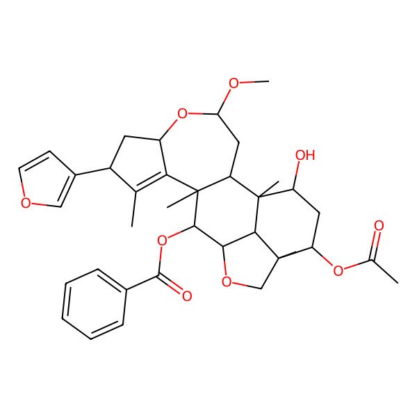 2D Structure of [17-Acetyloxy-8-(furan-3-yl)-19-hydroxy-4-methoxy-1,9,11,16-tetramethyl-5,14-dioxapentacyclo[11.6.1.02,11.06,10.016,20]icos-9-en-12-yl] benzoate