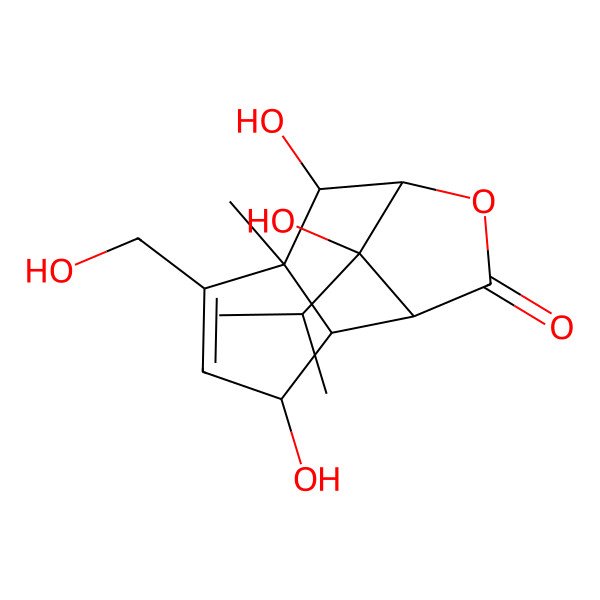 2D Structure of 3,7,11-Trihydroxy-5-(hydroxymethyl)-6-methyl-11-propan-2-yl-9-oxatricyclo[6.2.1.02,6]undec-4-en-10-one